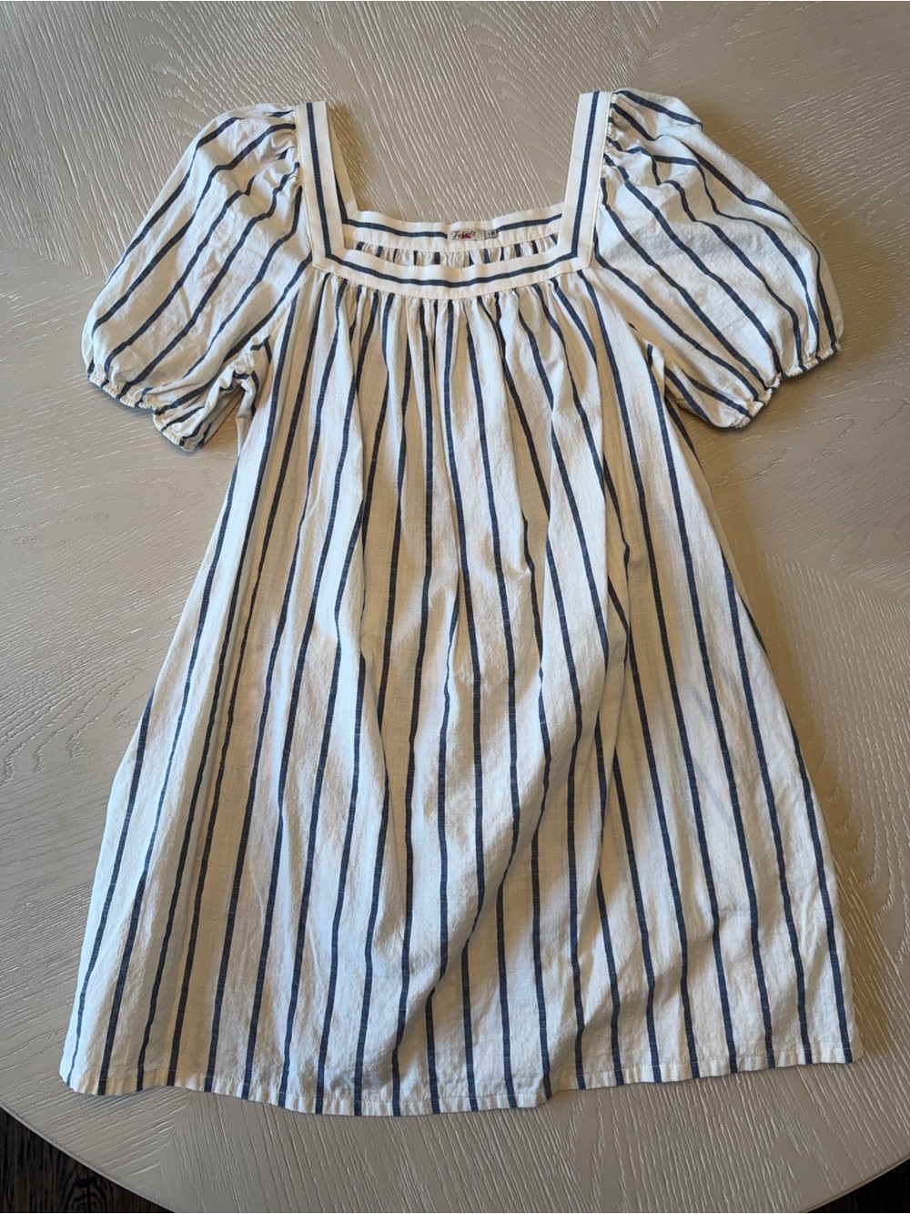 Faherty Striped Square Neck Puff Sleeve Dress - Navy on White